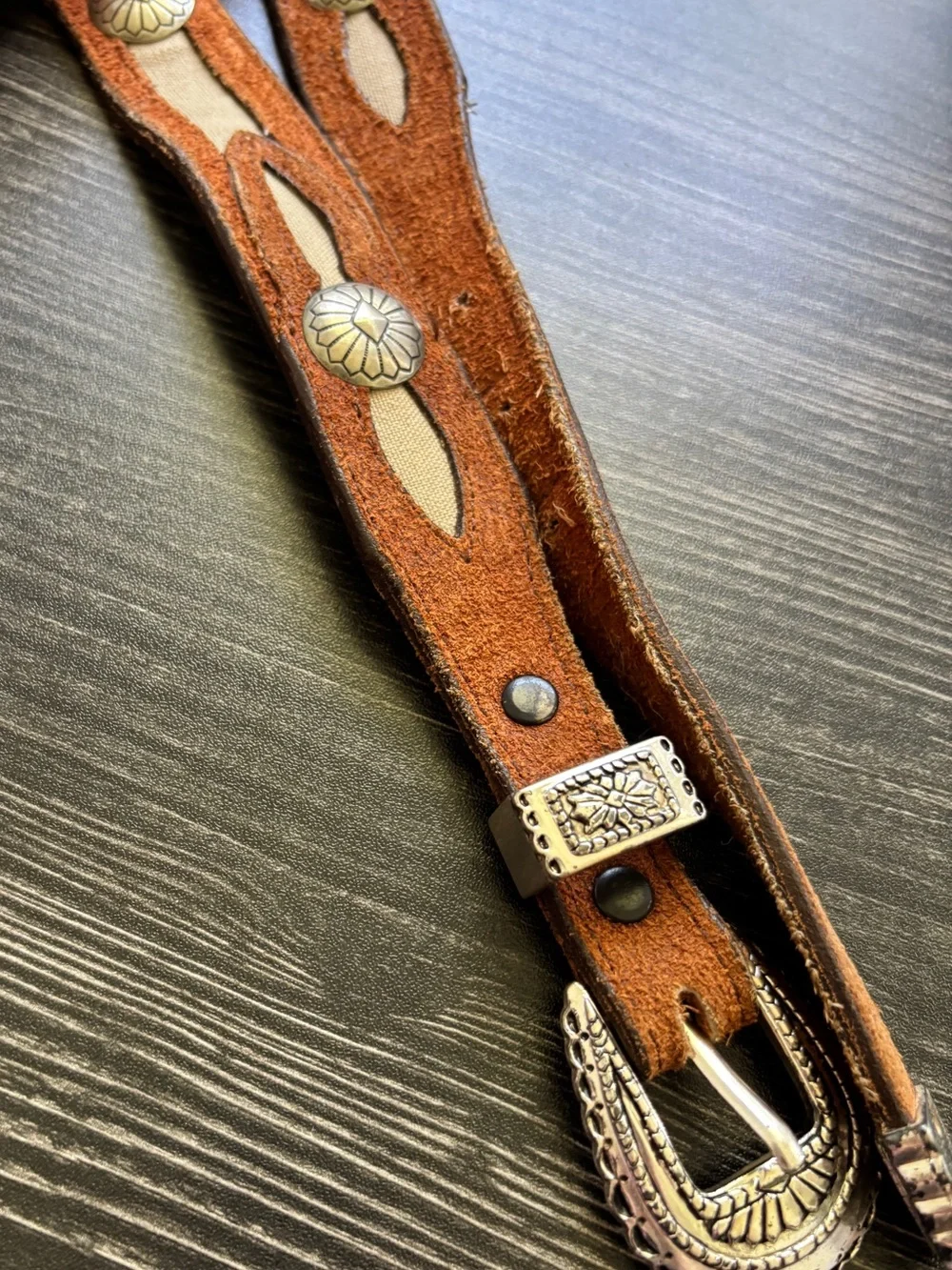 Nocona Brown Suede Canvas Inlay Concho Belt with Silver-Tone Buckle Small SKU 5